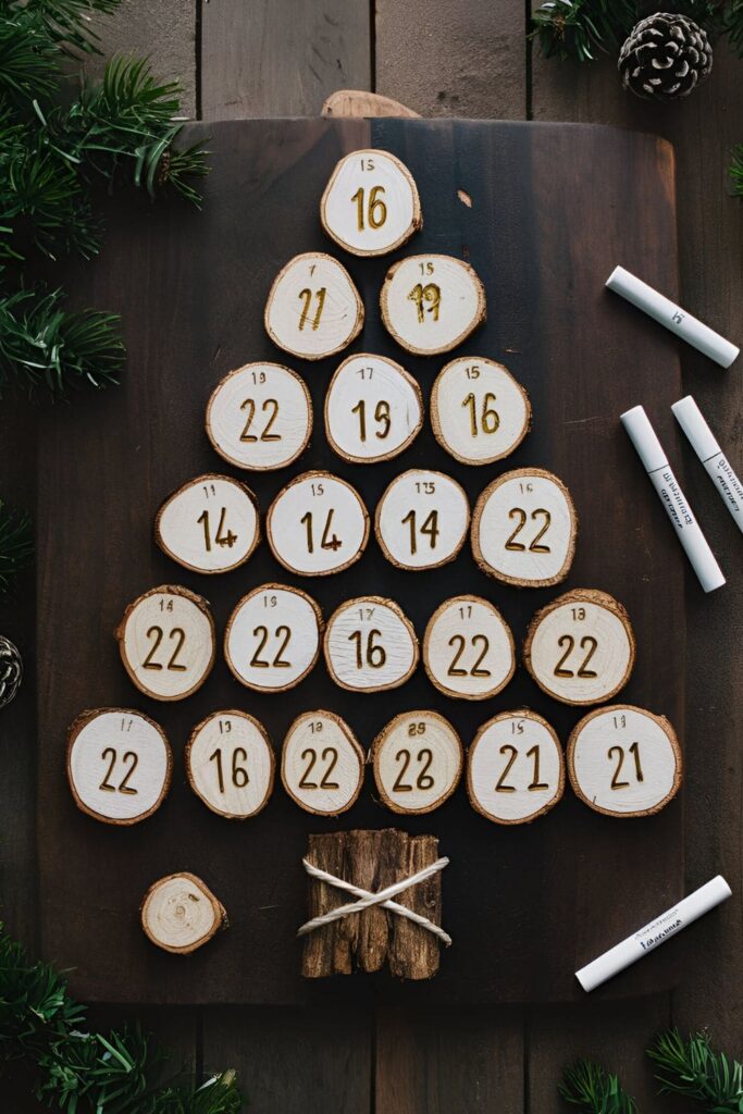 Rustic holiday countdown calendar made from numbered wood slices arranged in a tree shape on a wooden board