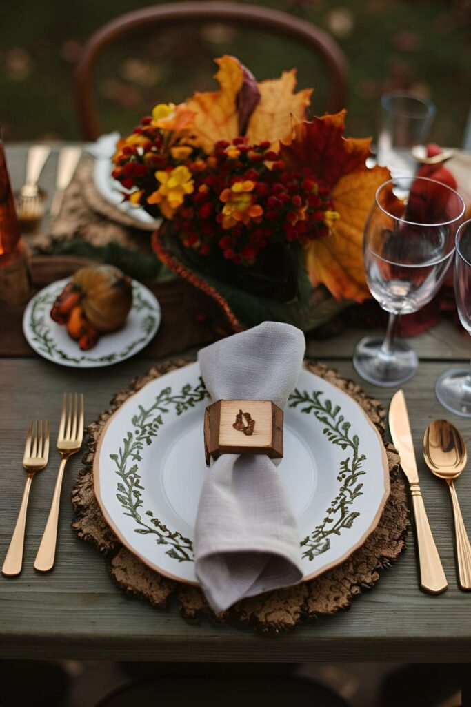 Rustic napkin rings made from wood, decorated with wood-burning designs, placed on a fall-themed table setting