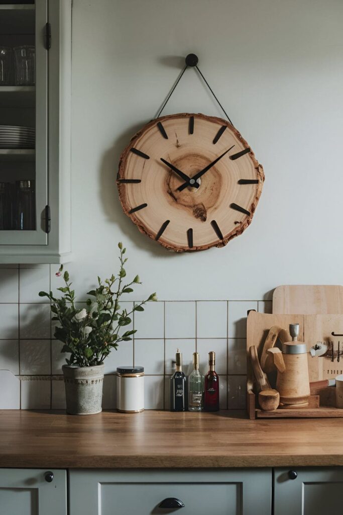 Rustic wood slice clock with black clock hands, mounted on a kitchen wall, showcasing a natural wood grain