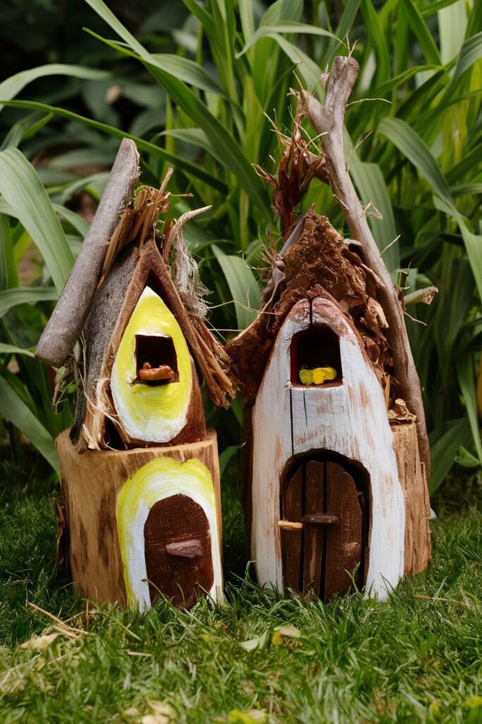 Small fairy houses crafted from wood scraps and decorated with natural materials, tiny doors, and windows, placed in a garden