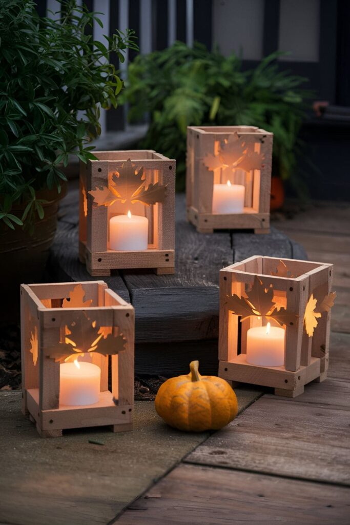 Small luminaries crafted from pallet wood with cut-out leaf shapes, holding candles or LED lights, creating a warm glow along a walkway