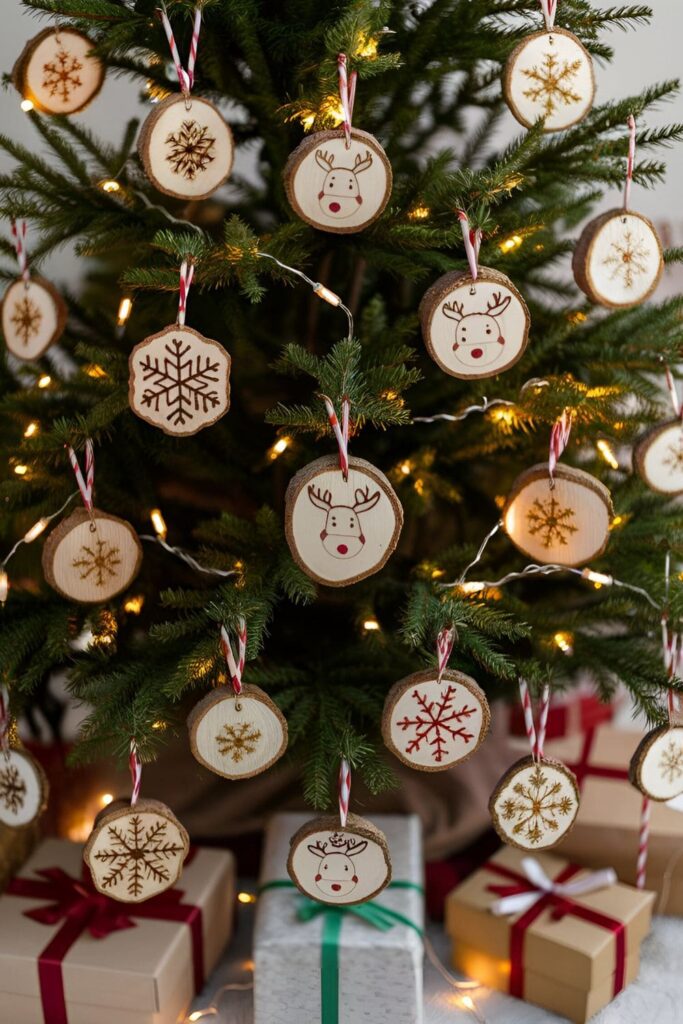 Small wood slice Christmas ornaments with festive designs like snowflakes and reindeer, hanging from a Christmas tree