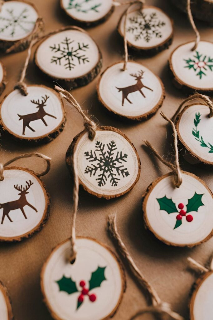 Small wood slice gift tags with festive designs stamped on them, attached with twine for wrapping gifts