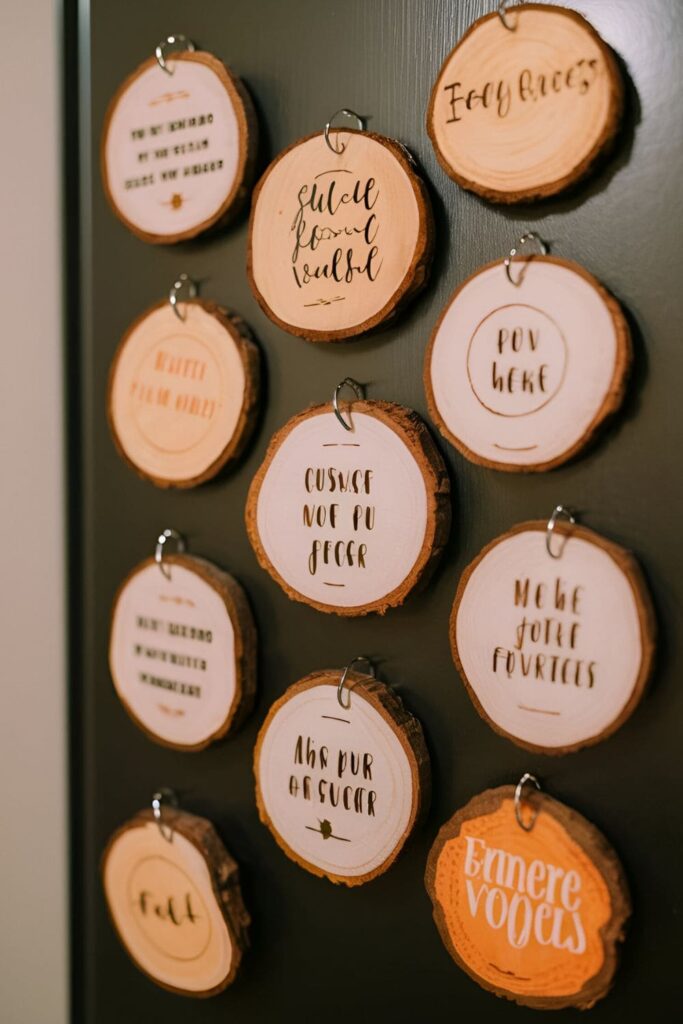 Small wood slices with fall-themed quotes, attached with magnets, displayed on a fridge or magnetic board