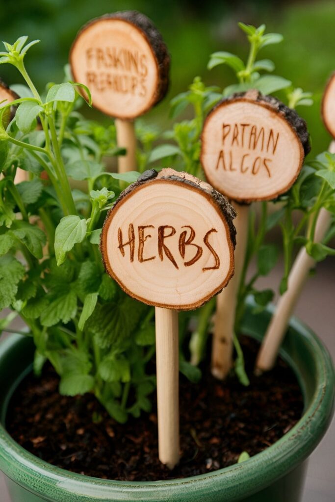 Small wood slices with herb names burned into the surface, used as markers in garden pots or soil