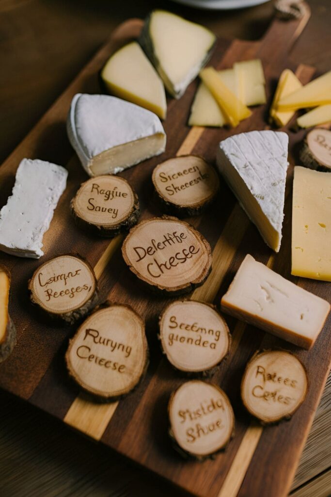 Small wood slices with names of different cheeses burned into them, displayed on a cheese board