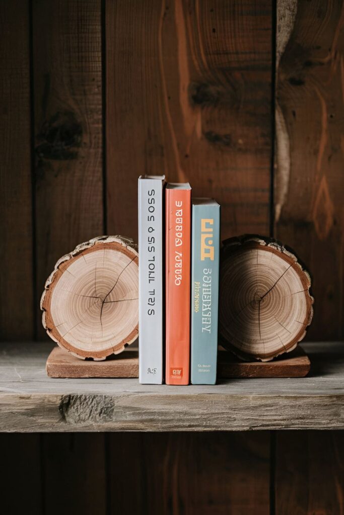 Sturdy wood slice bookends holding a collection of books on a rustic wooden bookshelf