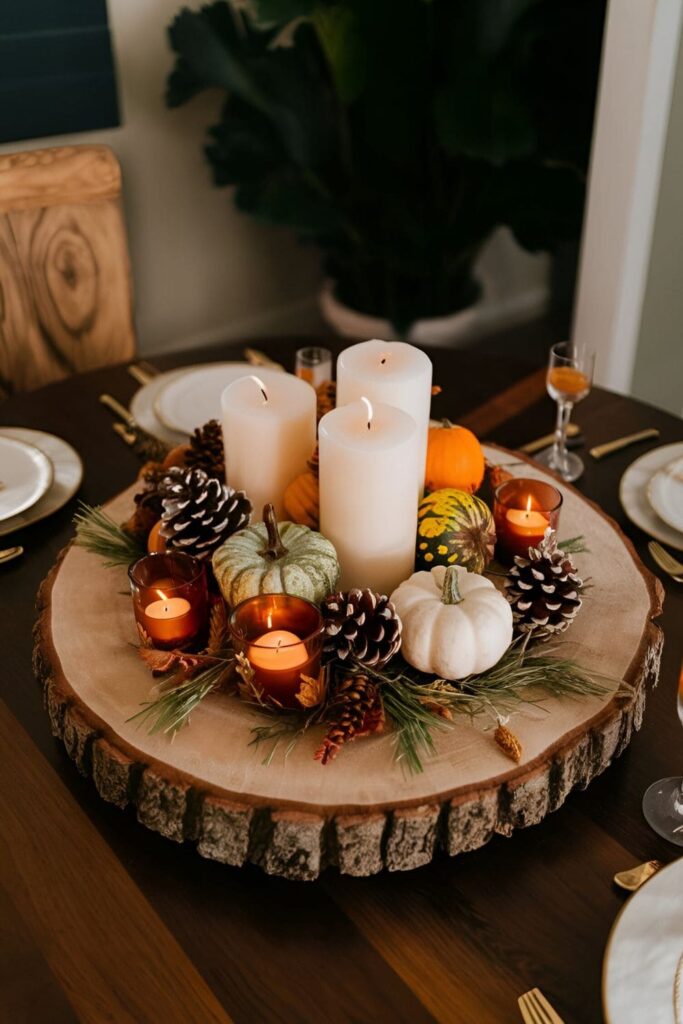 Tabletop centerpiece made from a large wood slice, decorated with candles, pumpkins, and pinecones