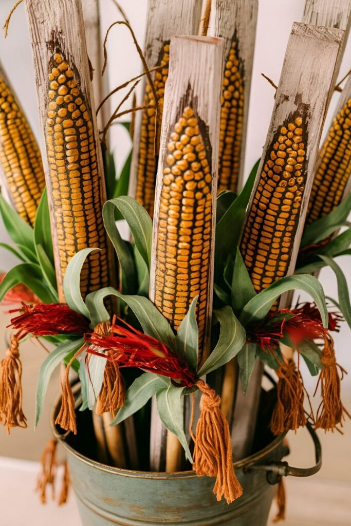 Tall, thin wood blocks painted to look like corn stalks with added leaves and tassels, placed in a vase as a fall centerpiece