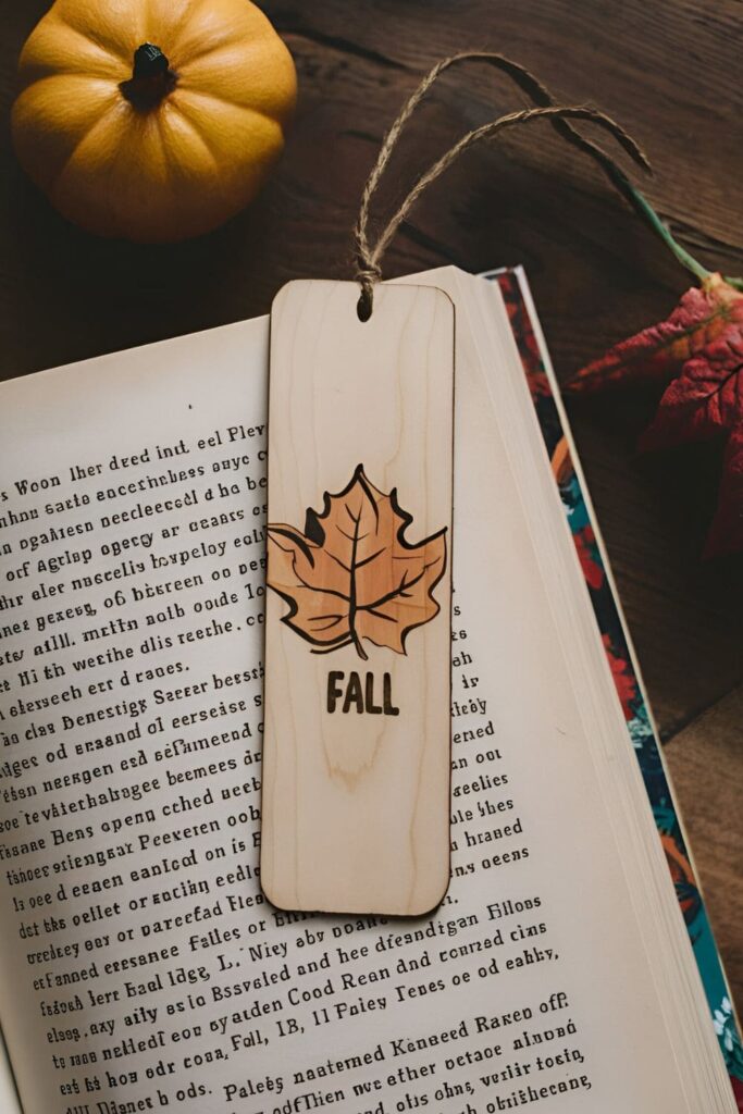 Thin wooden bookmark with a fall design painted or wood-burned, placed between the pages of an autumn-themed book