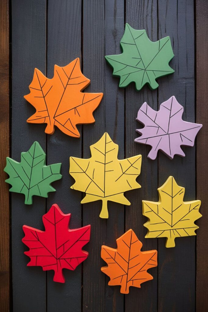 Thin wooden leaf shapes cut into puzzle pieces and painted in fall colors, used by children for solving and play