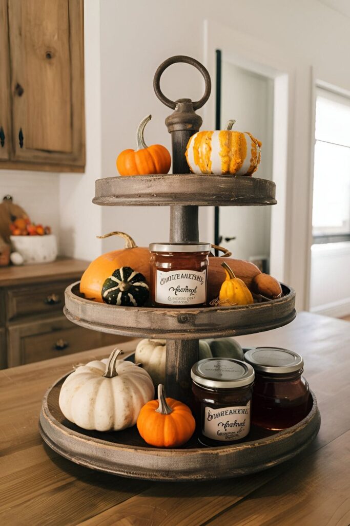 Tiered wooden display stand showcasing pumpkins, gourds, and homemade preserves, set on a kitchen countertop