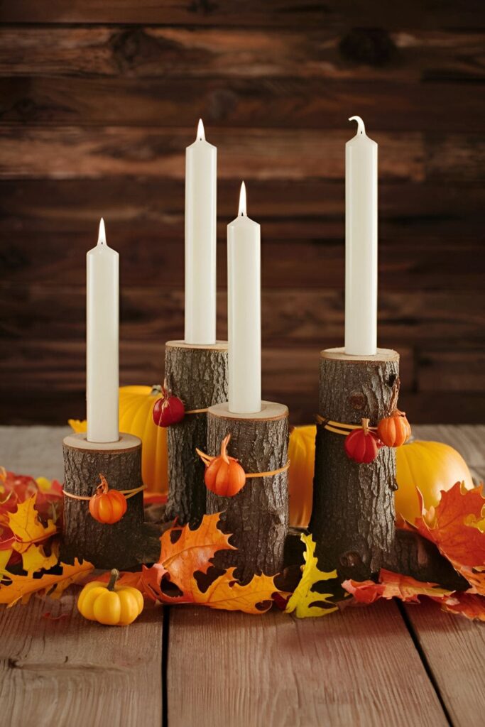 Tree branches cut into candle holder sizes, hollowed for tea lights, and decorated with fall motifs for a rustic look