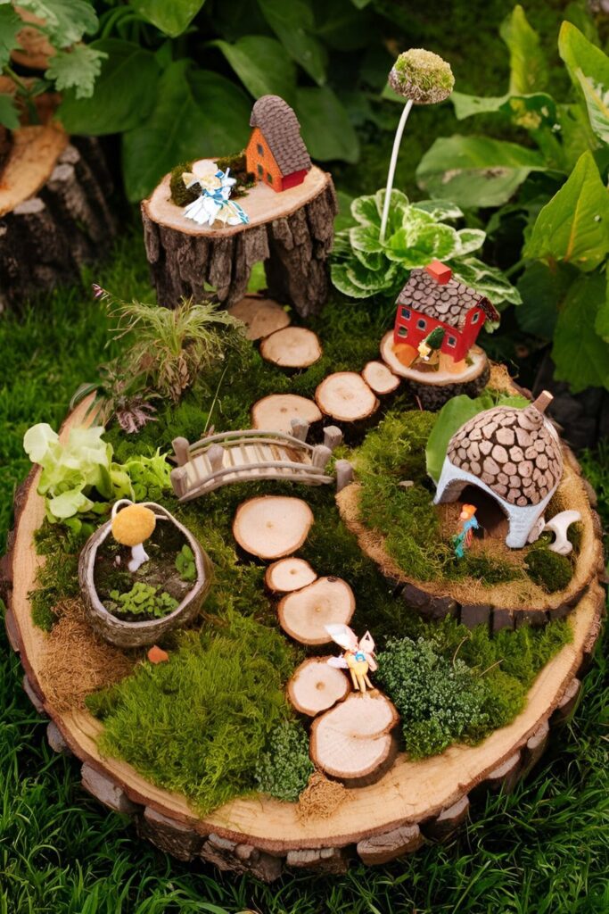 Whimsical fairy garden with wood slices as platforms for tiny houses and bridges, decorated with moss and miniature items