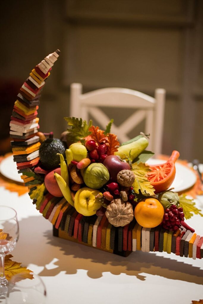 Wood blocks arranged in a horn shape, painted in fall colors and filled with faux fruits, vegetables, and leaves spilling out