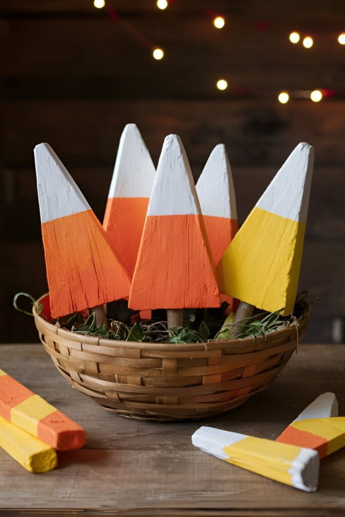 Wood blocks cut into triangular shapes and painted in white, orange, and yellow to resemble candy corn, displayed in a bowl