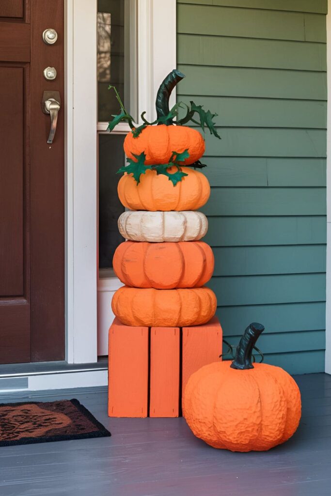 Wood blocks painted in different shades of orange, stacked with green stems and leaves, arranged as a pumpkin topiary on a porch