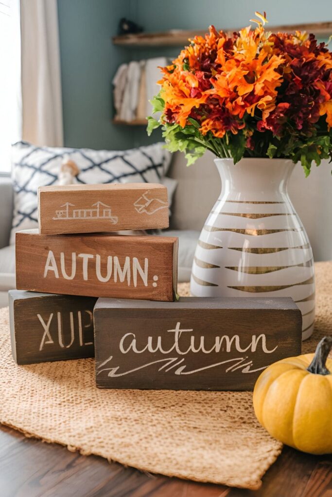 Wood blocks painted in fall colors, each stenciled with words like 'Grateful,' 'Blessed,' or 'Autumn,' displayed around a cozy home