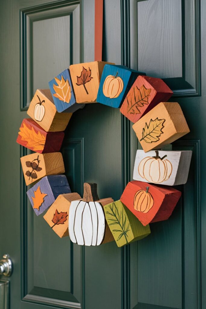 Wood blocks painted in fall colors with leaves, pumpkins, and acorns, attached to a circular frame and hung as a door wreath