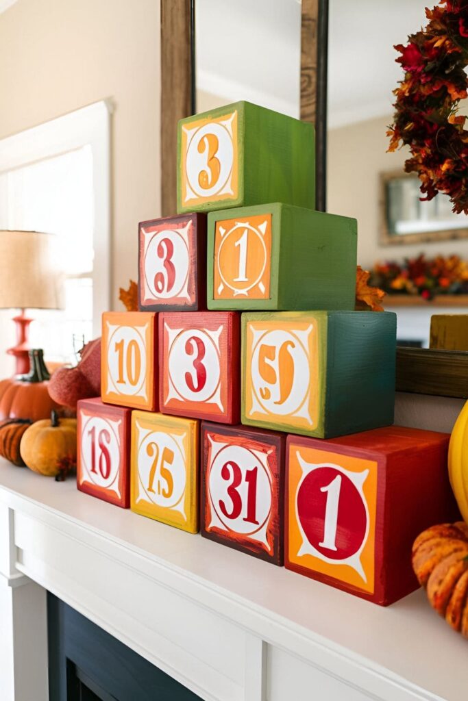 Wood blocks painted in festive colors with numbers, stacked and rearranged to count down the days to Halloween or Thanksgiving