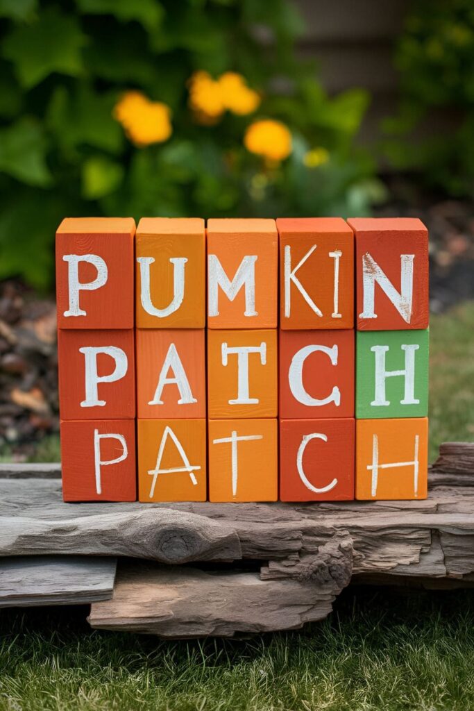 Wood blocks painted in various shades of orange, stenciled with 'Pumpkin Patch,' arranged on reclaimed wood and displayed in a garden