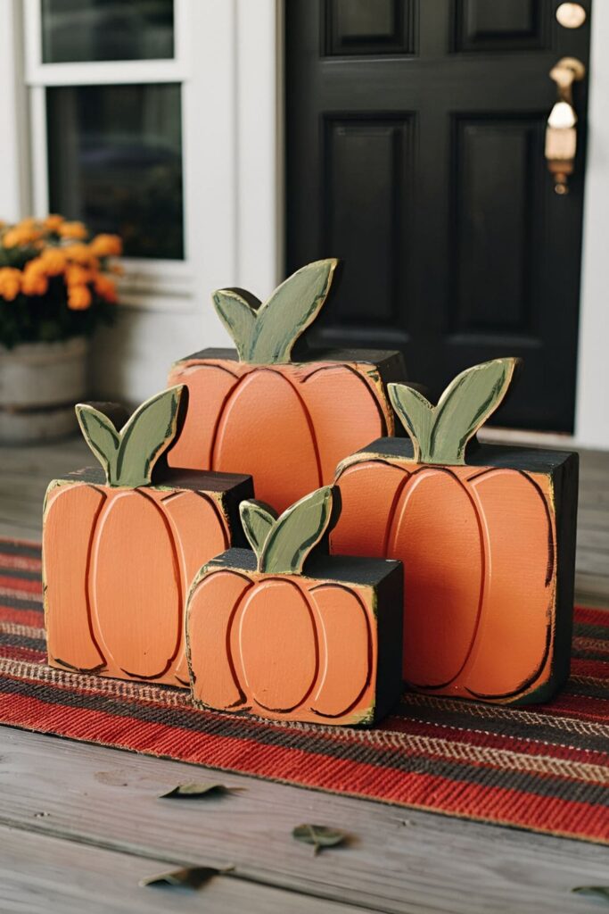 Wood blocks painted orange with green stems and leaves, arranged in varying heights to resemble pumpkins on a porch