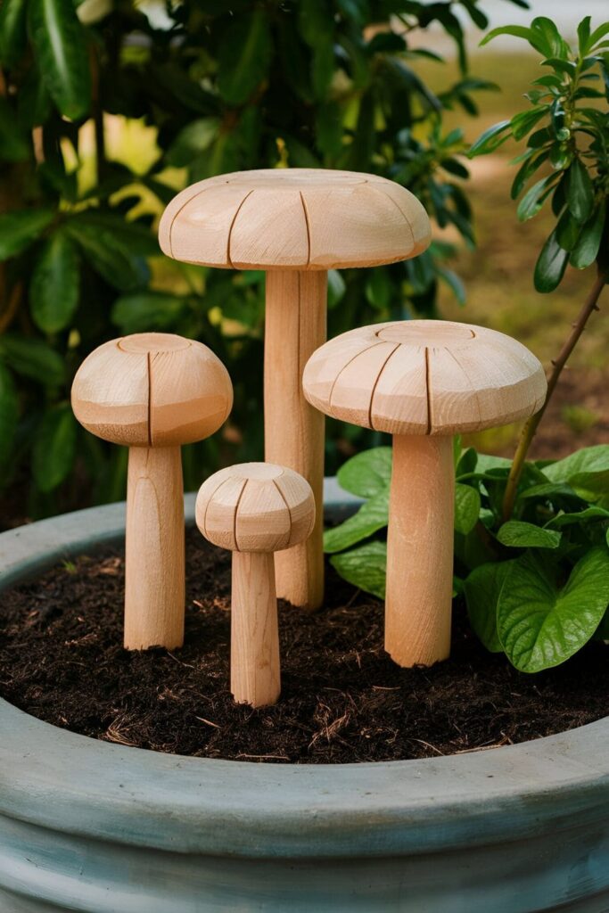 Wood blocks painted to look like mushrooms with smaller blocks for stems and larger blocks for caps, arranged in a garden bed