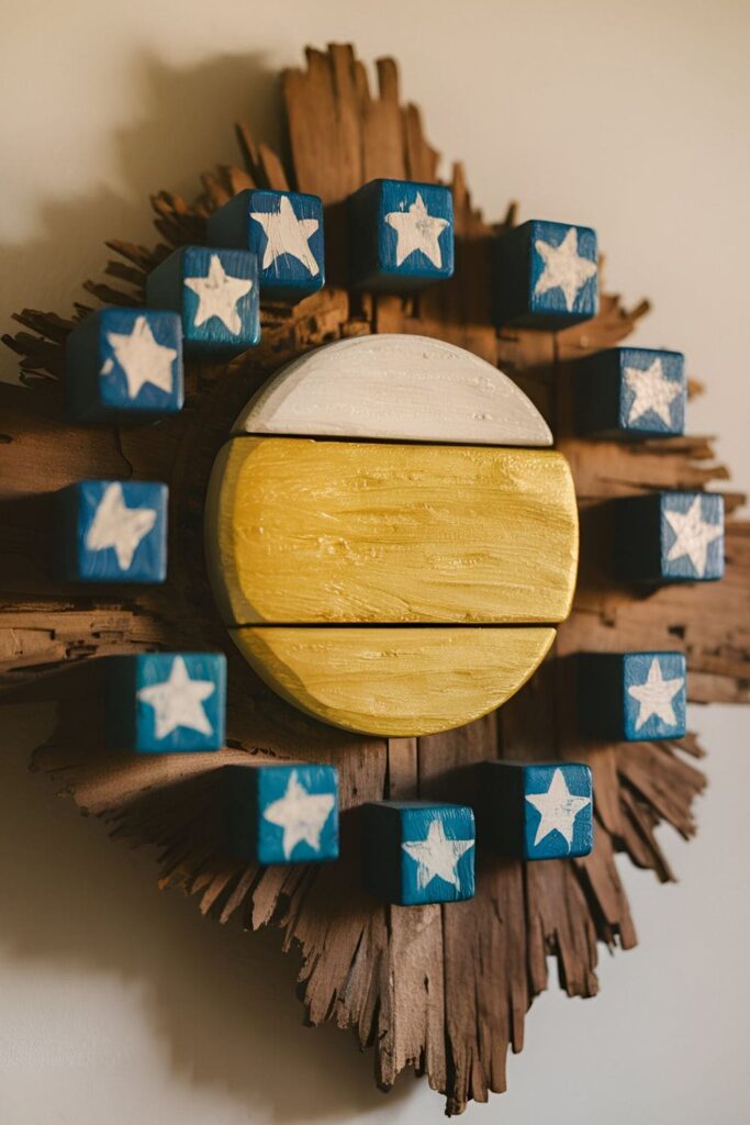 Wood blocks painted to represent a harvest moon and stars, with a large block in yellow or gold and smaller blocks as stars, displayed on a wall