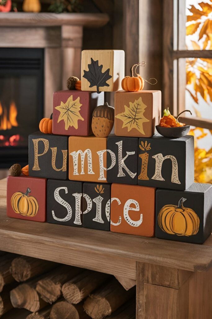 Wood blocks painted with 'Pumpkin Spice' and fall-themed designs, displayed on a shelf, mantel, or countertop