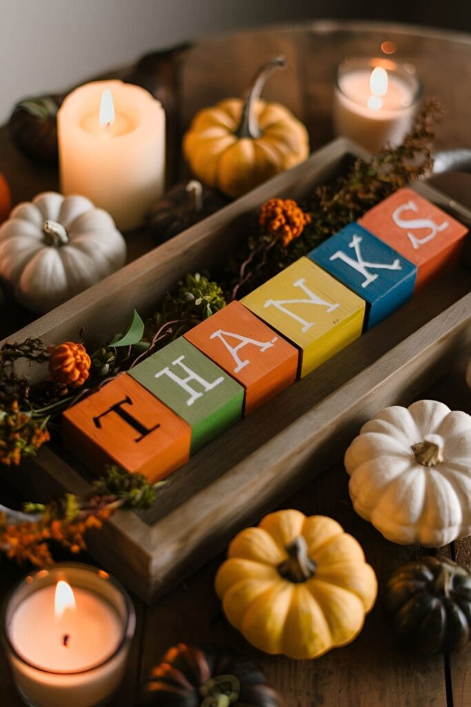 Wood blocks painted with the letters 'THANKS' in fall colors, stacked on a tray surrounded by mini pumpkins and candles