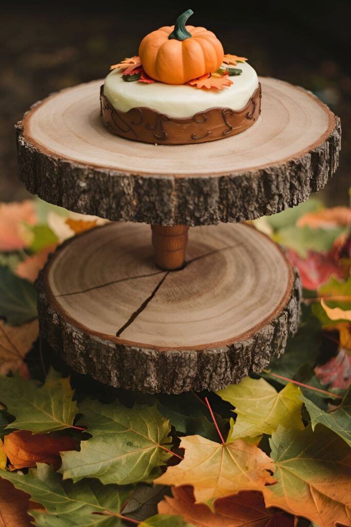 Wood slice cake stand with a large top and smaller base, connected by a wooden dowel, holding a fall-themed cake