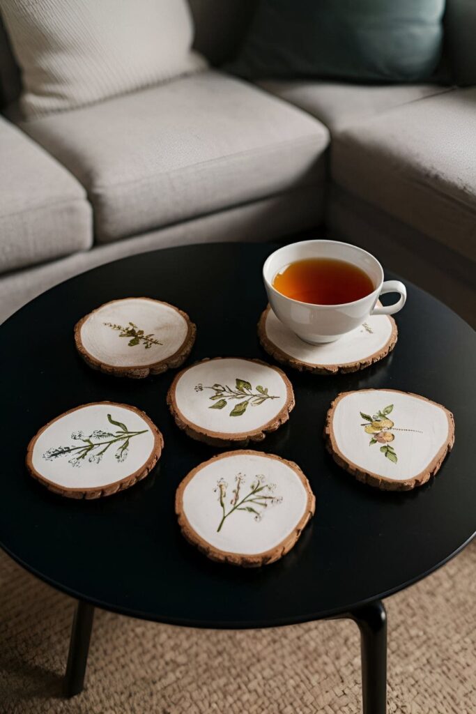 Wood slice coasters painted with botanical designs, placed on a coffee table with a cup of tea