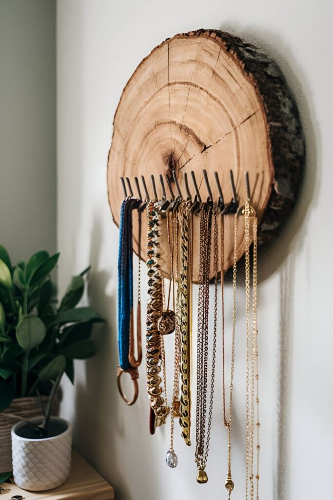 Wood slice necklace holder mounted on a wall with small hooks displaying various necklaces neatly