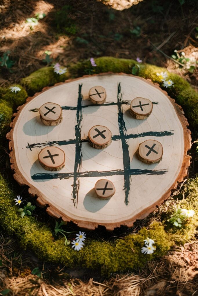 Wood slice tic-tac-toe board featuring a drawn grid and small wood slices or stones as game pieces