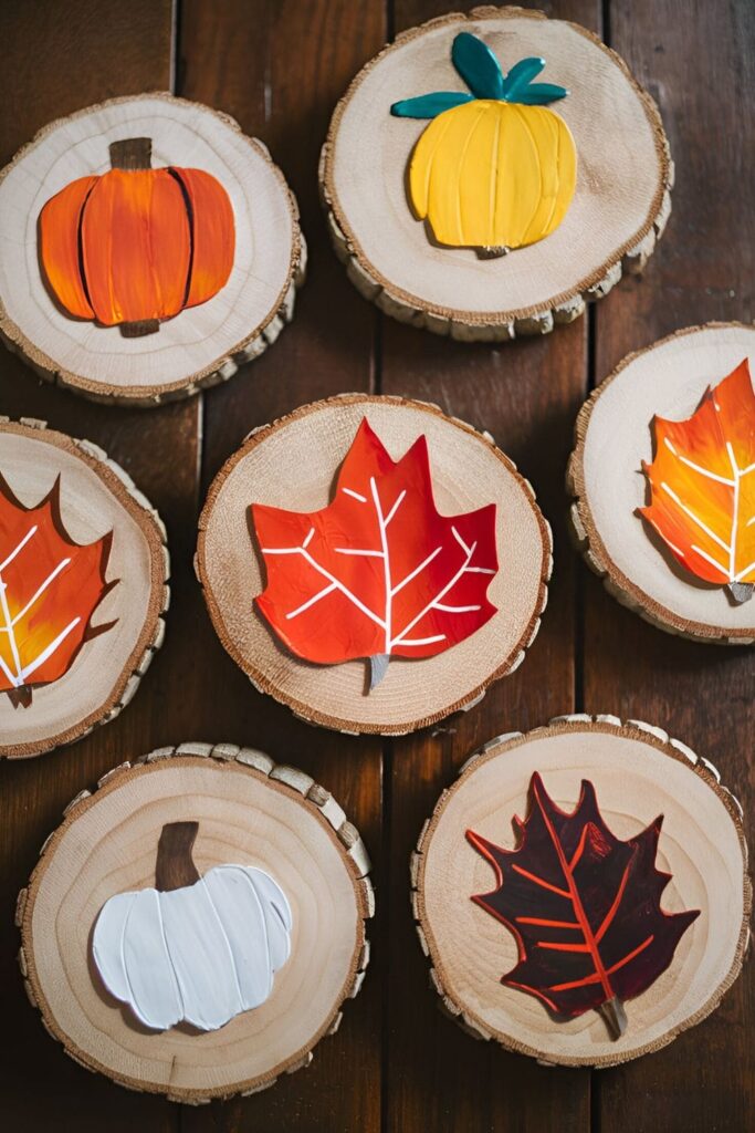 Wood slices painted with fall designs, used as coasters, and finished with a protective varnish