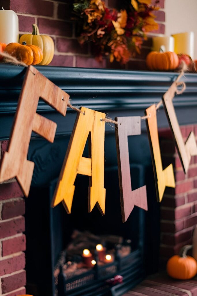 Wooden banner with letters spelling _FALL_ painted in warm autumn colors, strung with twine and displayed on a wall