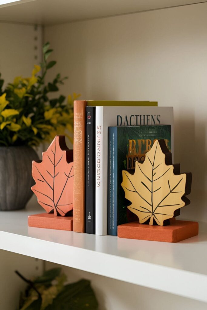 Wooden bookends decorated with fall motifs like leaves and acorns, holding books on a shelf