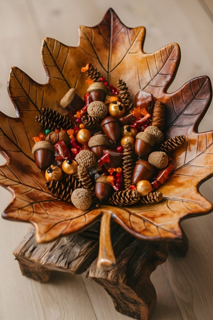 Wooden bowl shaped like a leaf, painted in earthy tones and filled with fall decorations like acorns and pinecones