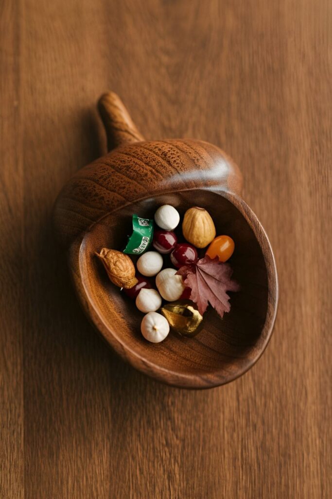 Wooden bowl shaped like an acorn, holding small fall treasures like nuts and candy with a polished, natural finish