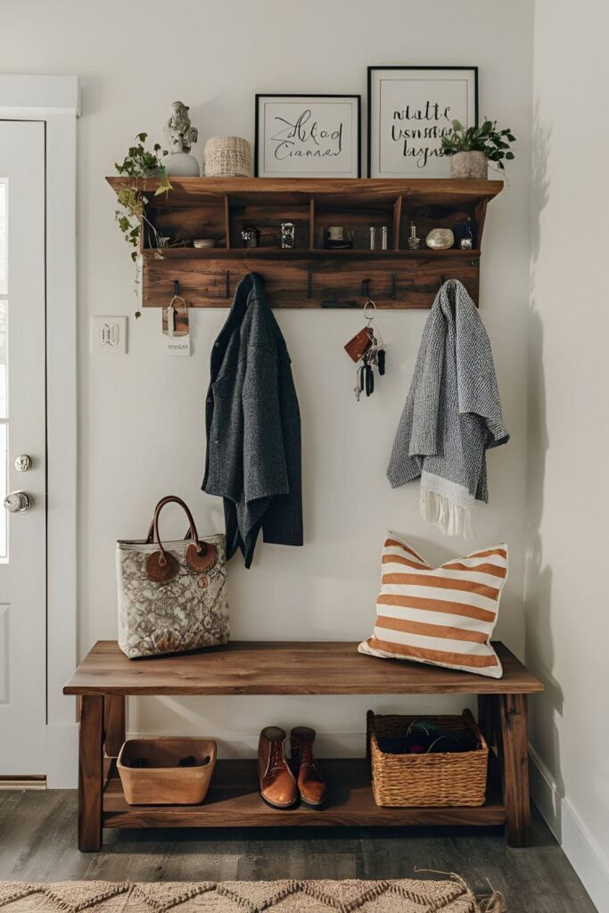 Wooden coat hanger with built-in shelves, holding coats, keys, and decor items, mounted in an entryway