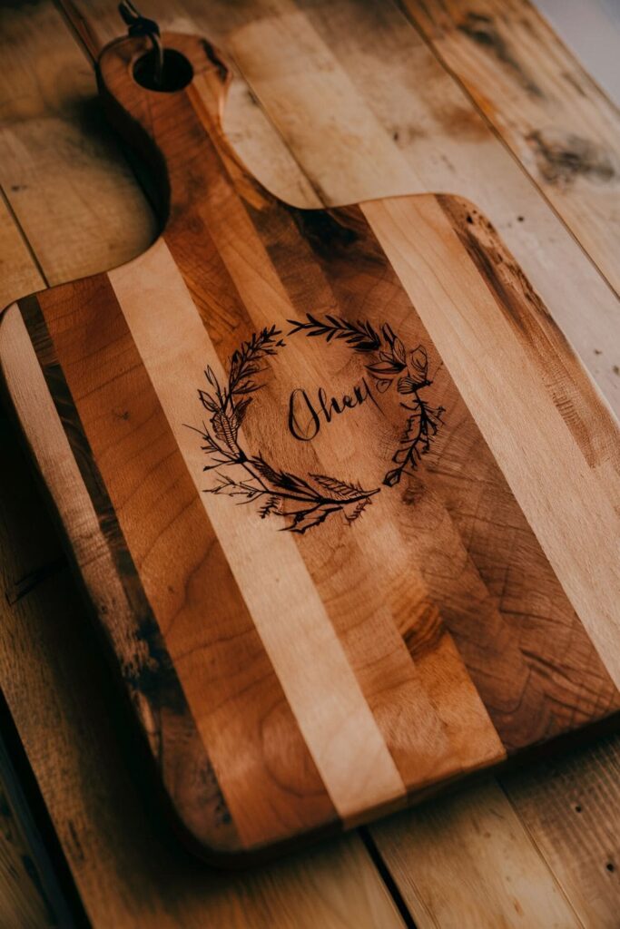 Wooden cutting board made from reclaimed wood, personalized with engraved initials or a fall motif