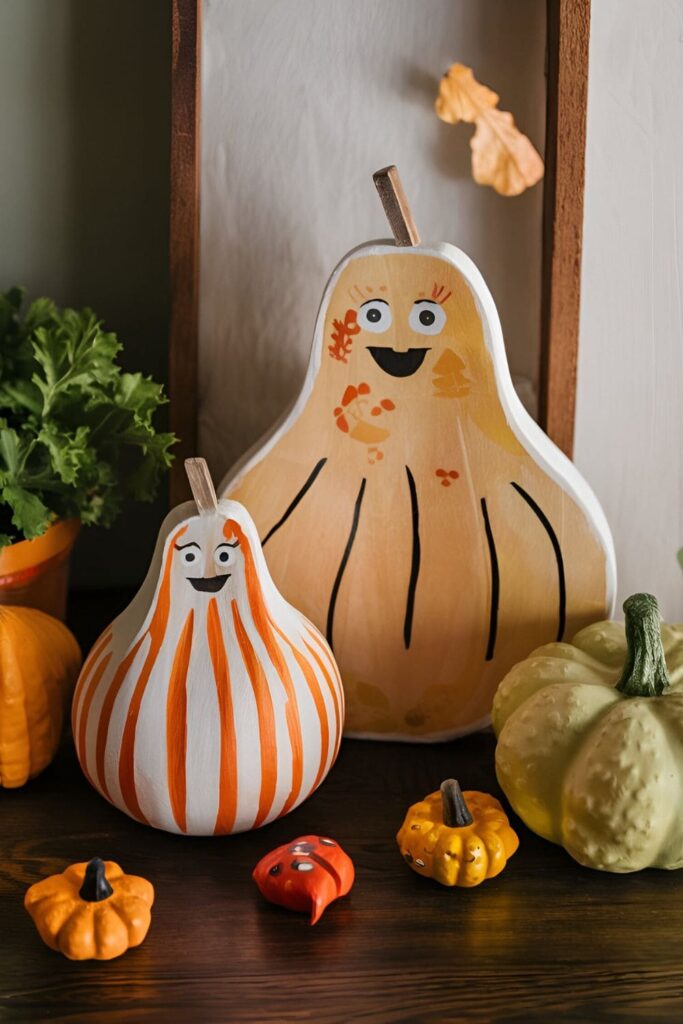 Wooden gourd shapes painted in fall colors with added details like stripes and faces, used as whimsical fall decor