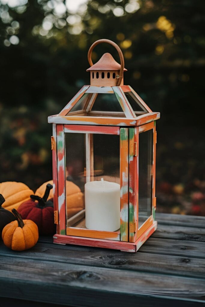 Wooden lantern frame with glass panels, painted in fall colors, holding a candle or fairy lights, emitting a warm glow