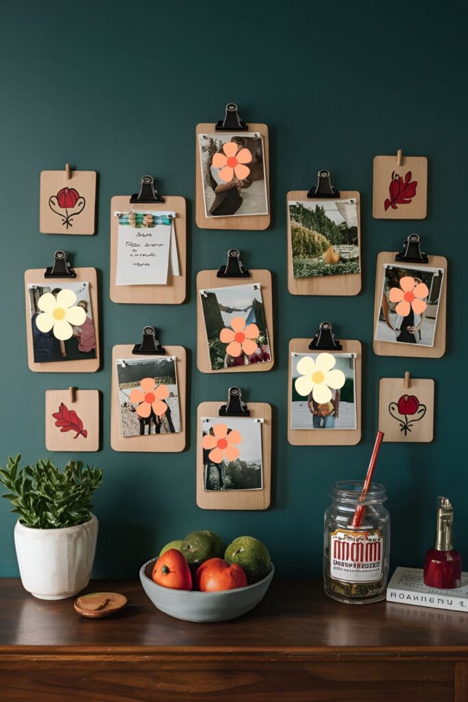 Wooden photo clipboards with attached clips displaying photos and notes, decorated with painted designs