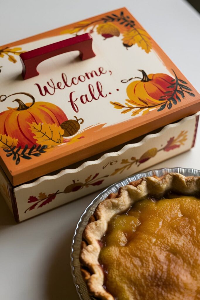 Wooden pie box with a lid and handle, painted in fall colors with a seasonal design, shown with a pie inside