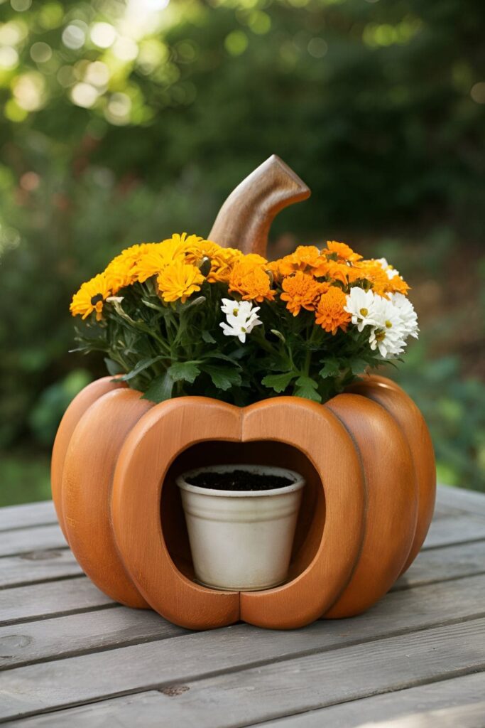 Wooden planter shaped like a pumpkin, painted orange, filled with seasonal flowers like mums or marigolds