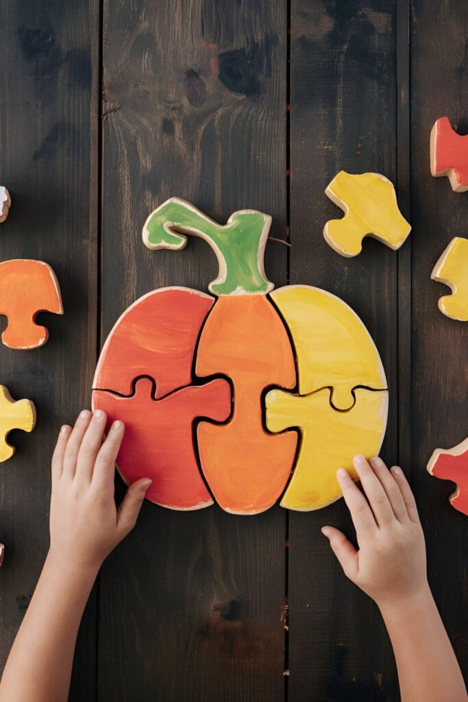 Wooden pumpkin cut into puzzle pieces, each painted in different shades of orange and yellow, assembled by kids