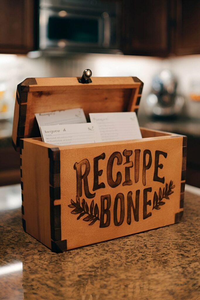 Wooden recipe box with a wood-burned design or message, open to reveal recipe cards inside on a kitchen countertop