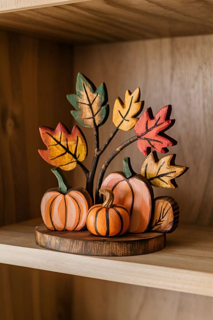 Wooden shelf sitter featuring painted fall shapes like pumpkins and leaves, arranged on a small base on a shelf