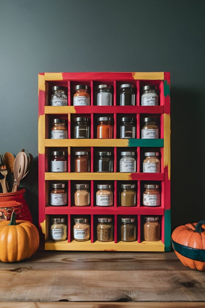 Wooden spice rack with compartments for spice jars, painted in fall colors or left natural, with spices neatly organized